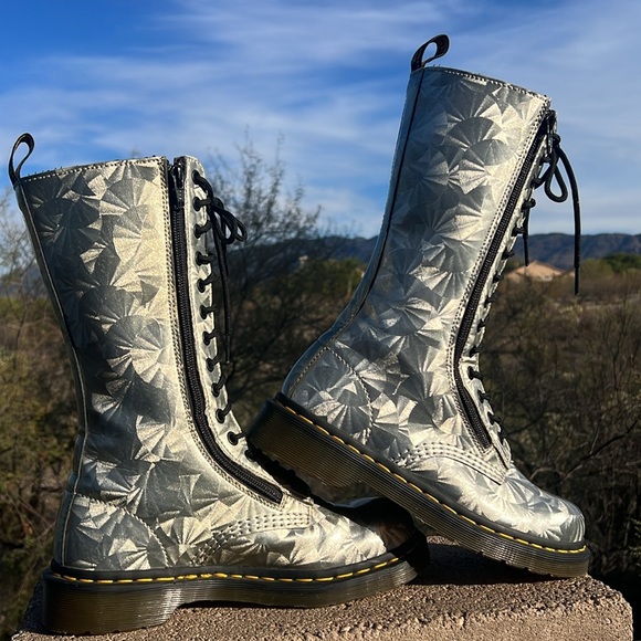 Dr. Martens Holographic Silver Prism Tall 14 Eye Lace Up & Side Zip Boots - Picture 3 of 17
